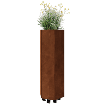 Cortenstahl Pflanzkübel - Sechseckig - 39,3 x 34,6 x 100 cm - Mit Bodenplatte - Mit Rollen