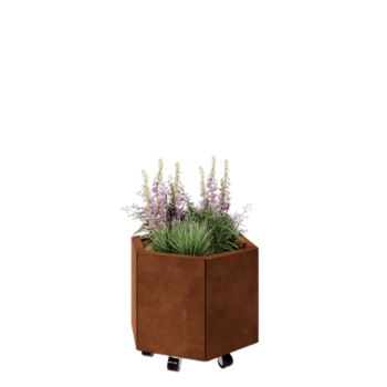 Cortenstahl Pflanzkübel - Sechseckig - 59,3 x 52 x 40 cm - Mit Bodenplatte - Mit Rollen