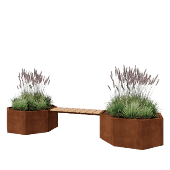 Cortenstahl Pflanzkübel - Achteckig - 362,6 x 120,7 x 50 cm - Mit Gartenbank - Ohne Bodenplatte