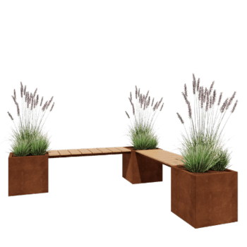 Cortenstahl Pflanzkübel - Viereckig - Eckanordnung - 221,2 x 221,2 x 50 cm - Mit Gartenbank - Ohne Bodenplatte