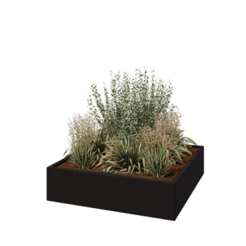 Pflanzkübel aus Stahl - Viereckig - 120 x 120 x 30 cm - RAL9005 matte (schwarz) - Mit Bodenplatte