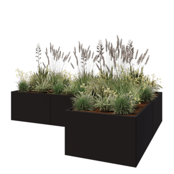 Pflanzkübel aus Stahl - L-Form - 300 x 200 x 60 cm - RAL9005 matte (schwarz) - Mit Bodenplatte