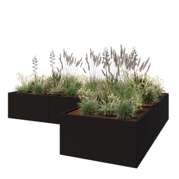 Pflanzkübel aus Stahl - L-Form - 360 x 240 x 60 cm - RAL9005 matte (schwarz) - Mit Bodenplatte