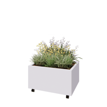 Pflanzkübel aus Stahl - Rechteckig - 80 x 60 x 40 cm - RAL9010 matte (weiß) - Mit Bodenplatte - Mit Rollen