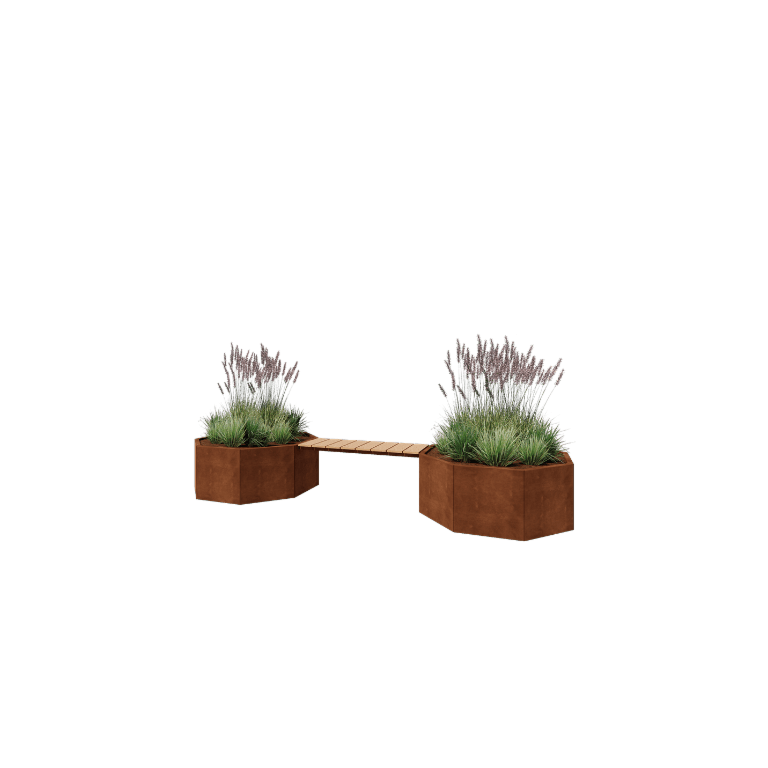Cortenstahl Pflanzkübel - Achteckig - 362,6 x 120,7 x 50 cm - Mit Gartenbank - Ohne Bodenplatte