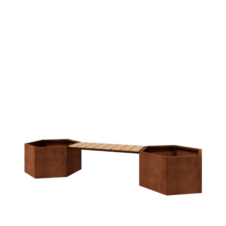 Cortenstahl Pflanzkübel - Sechseckig - 294,4 x 99,3 x 50 cm - Mit Gartenbank - Ohne Bodenplatte
