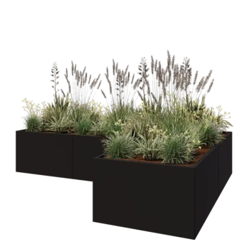 Pflanzkübel aus Stahl - L-Form - 300 x 200 x 60 cm - RAL9005 matte (schwarz) - Mit Bodenplatte