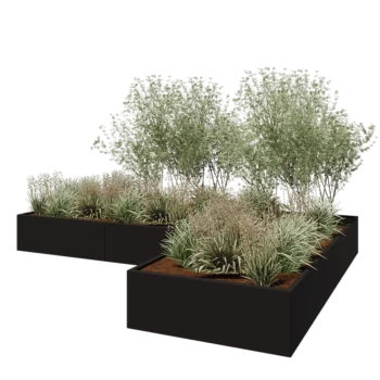 Pflanzkübel aus Stahl - L-Form - 360 x 240 x 40 cm - RAL9005 matte (schwarz) - Mit Bodenplatte