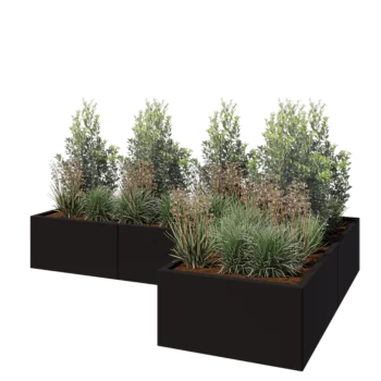 Pflanzkübel aus Stahl - L-Form - 240 x 160 x 40 cm - RAL9005 matte (schwarz) - Mit Bodenplatte