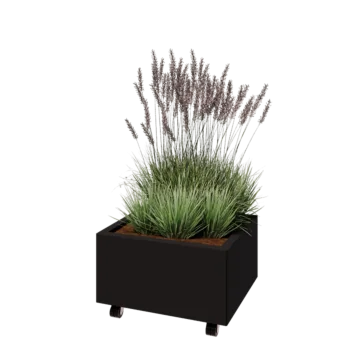 Pflanzkübel aus Stahl - Rechteckig - 60 x 50 x 30 cm - RAL9005 matte (schwarz) - Mit Bodenplatte - Mit Rollen